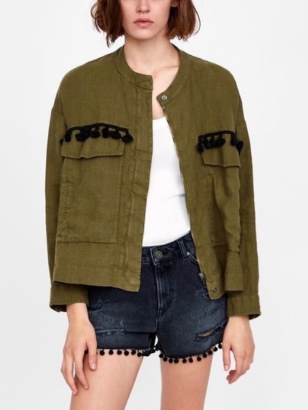 Zara Khaki Pompom Linen Jacket